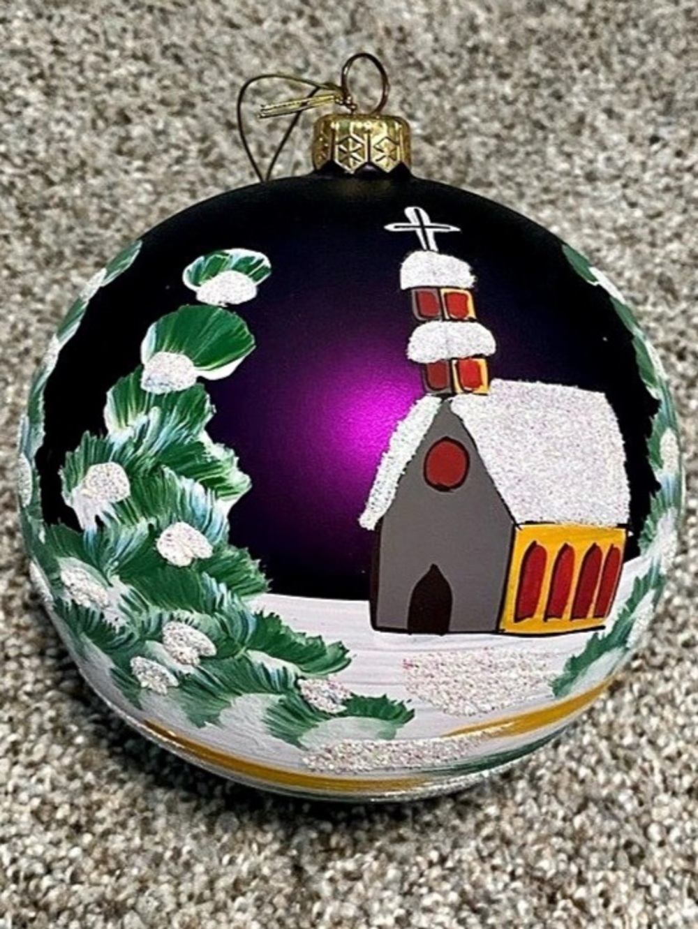 Hand-painted in Poland Deep Purple Glass Winter Church Scene Ornament
